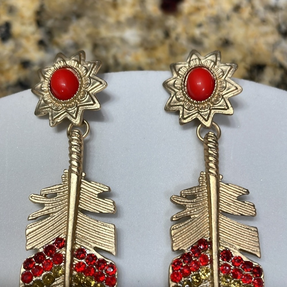 Stylish Red And Rhinestone Feather Gold Drop Earrings - Picture 8 of 14
